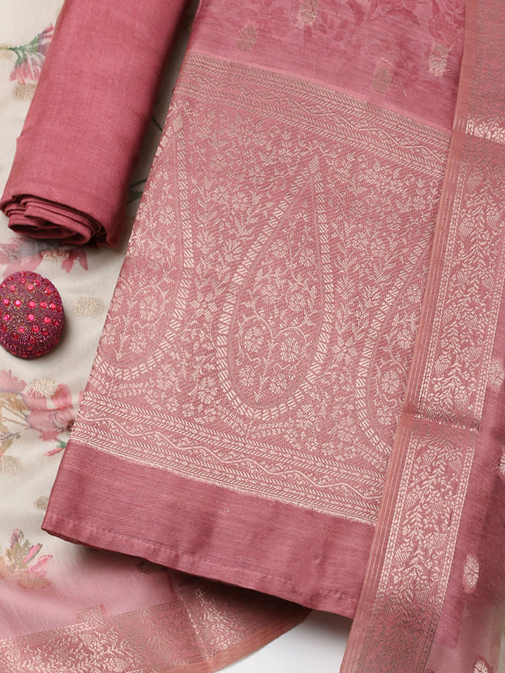 Embroidered Chanderi Unstitched Suit With Pant &amp; Dupatta