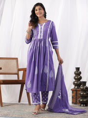 Printed Cotton Kurta With Pants & Dupatta With Bag