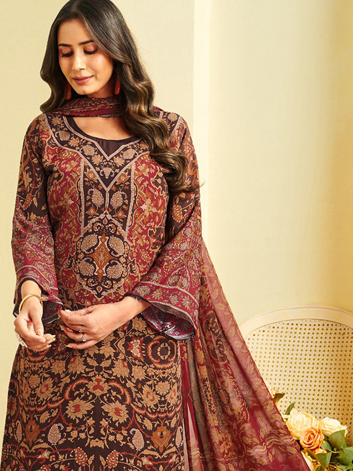 Printed Crepe Unstitched Suit With Pant &amp; Dupatta