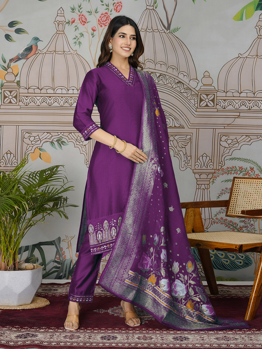 Embroidered Tissue Kurta With Pants &amp; Dupatta