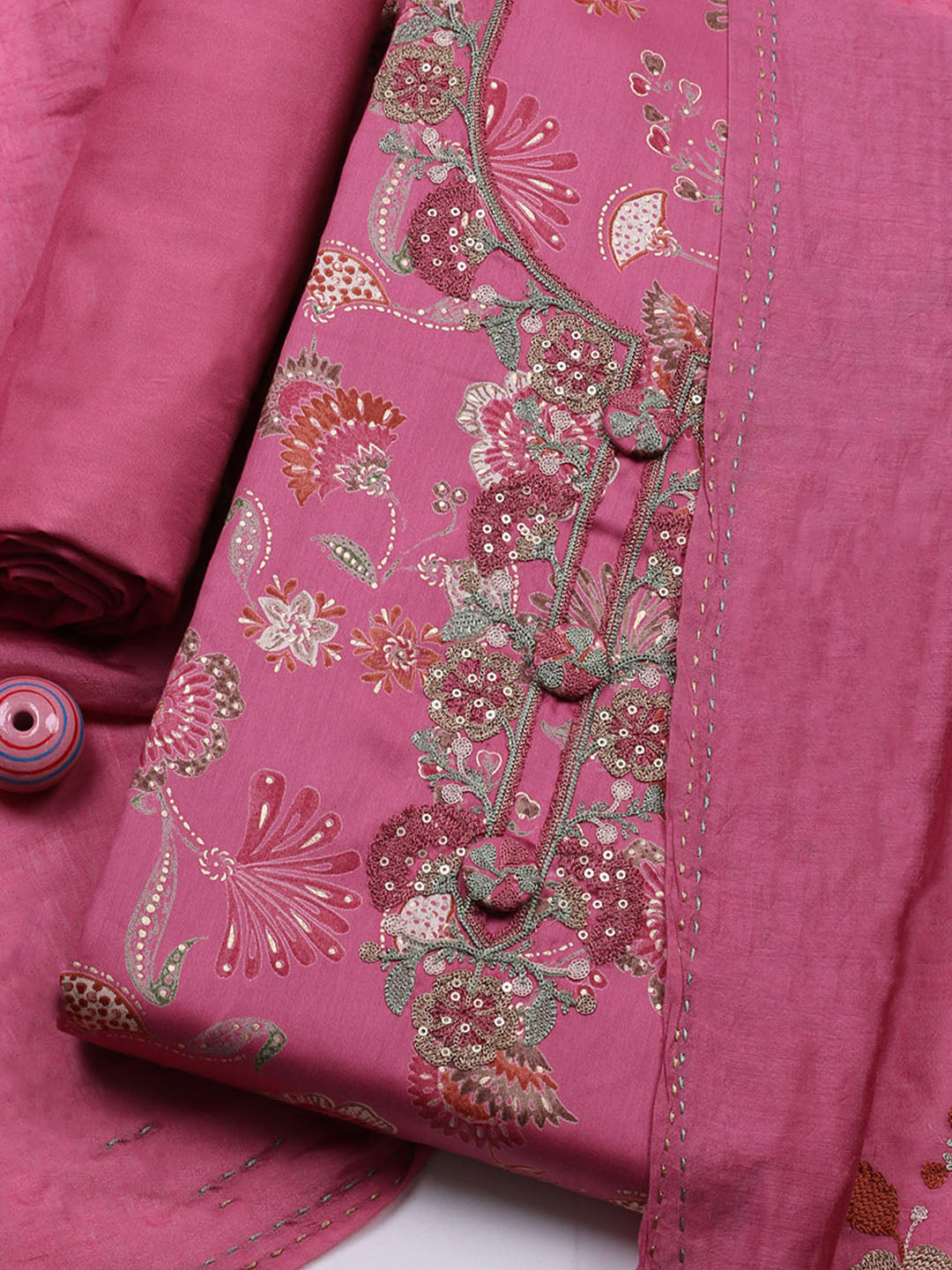 Embroidered Cotton Blend Unstitched Suit With Pant &amp; Dupatta