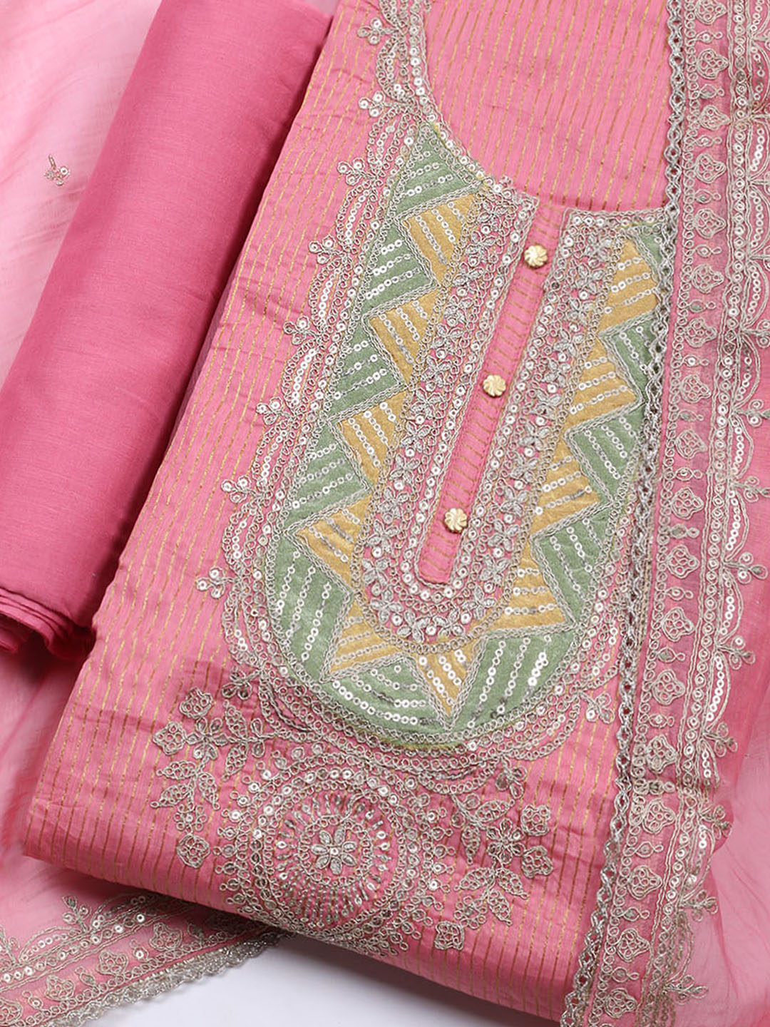 Neck Embroidered Chanderi Unstitched Suit With Dupatta
