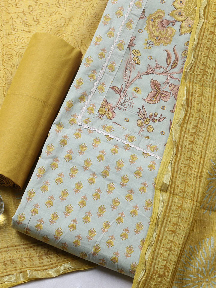 Printed Cotton Blend Unstitched Suit With Pant &amp; Dupatta