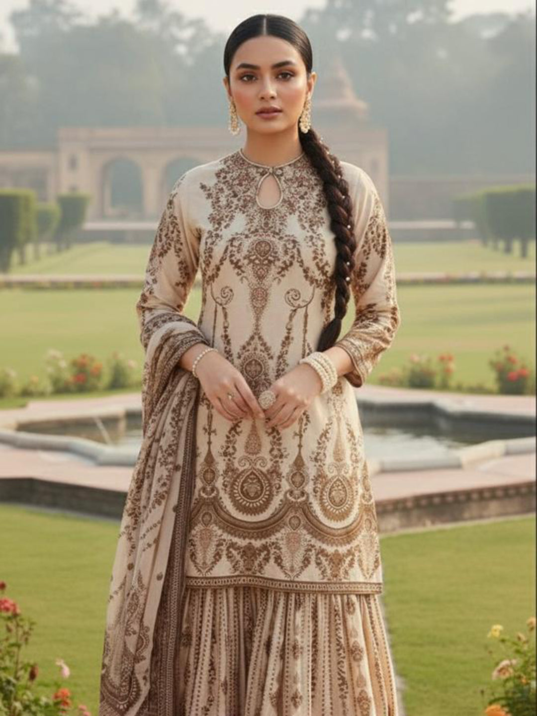 Embroidered Muslin Kurta With Gharara &amp; Dupatta