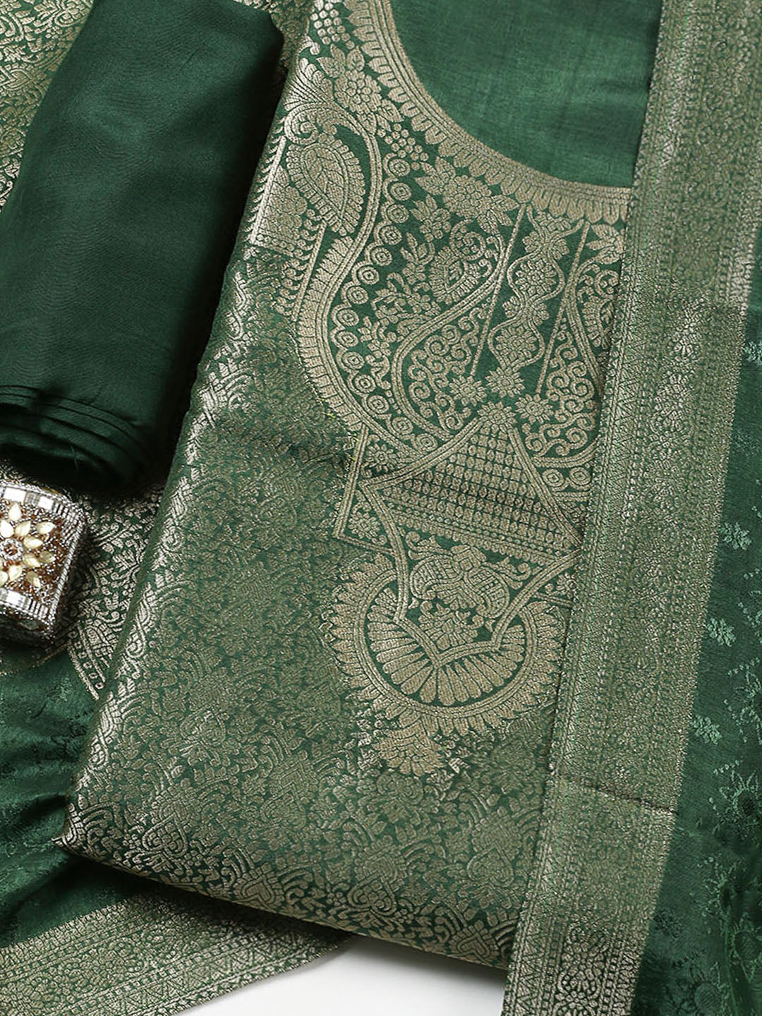 Embroidered Chanderi Unstitched Suit With Pant &amp; Dupatta