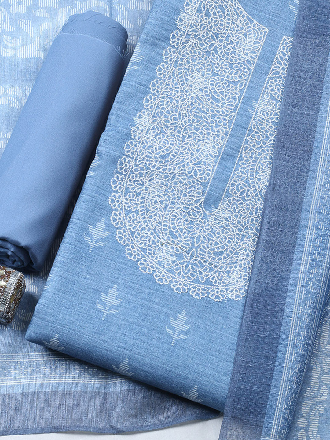 Printed Chanderi Unstitched Suit With Pant &amp; Dupatta