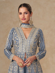 Embroidered Chinnon Silk A Line Dress With Skirt