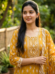 Printed Cotton Blend Suit With Pant & Dupatta