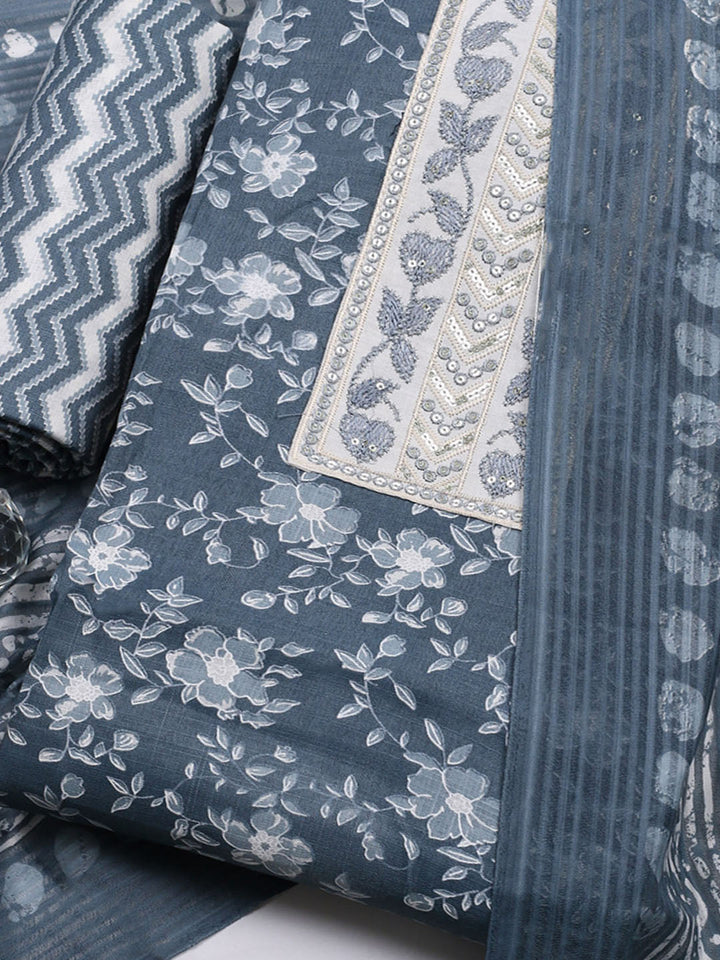 Printed Cotton Blend Unstitched Suit With Pant &amp; Dupatta