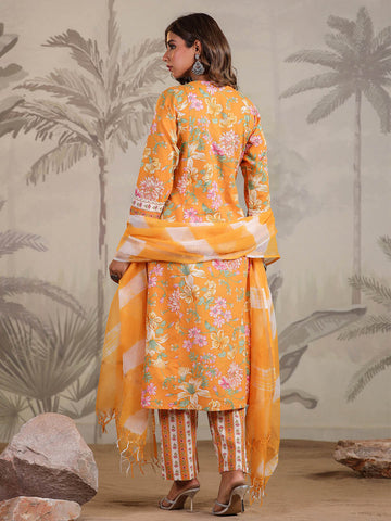 Floral Printed Cotton Blend Kurta With Pants & Dupatta