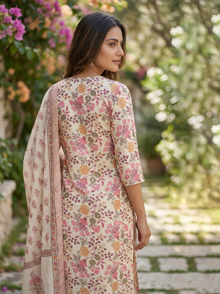 Printed Cotton Blend Suit With Pant &amp; Dupatta