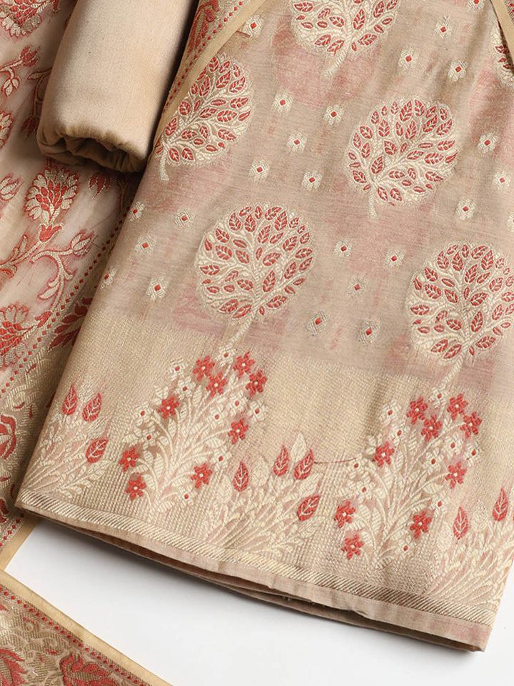 Woven Banarasi Chanderi Unstitched Suit With Dupatta