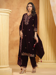 Neck Zari Embroidered Velvet Kurta With Pants & Dupatta