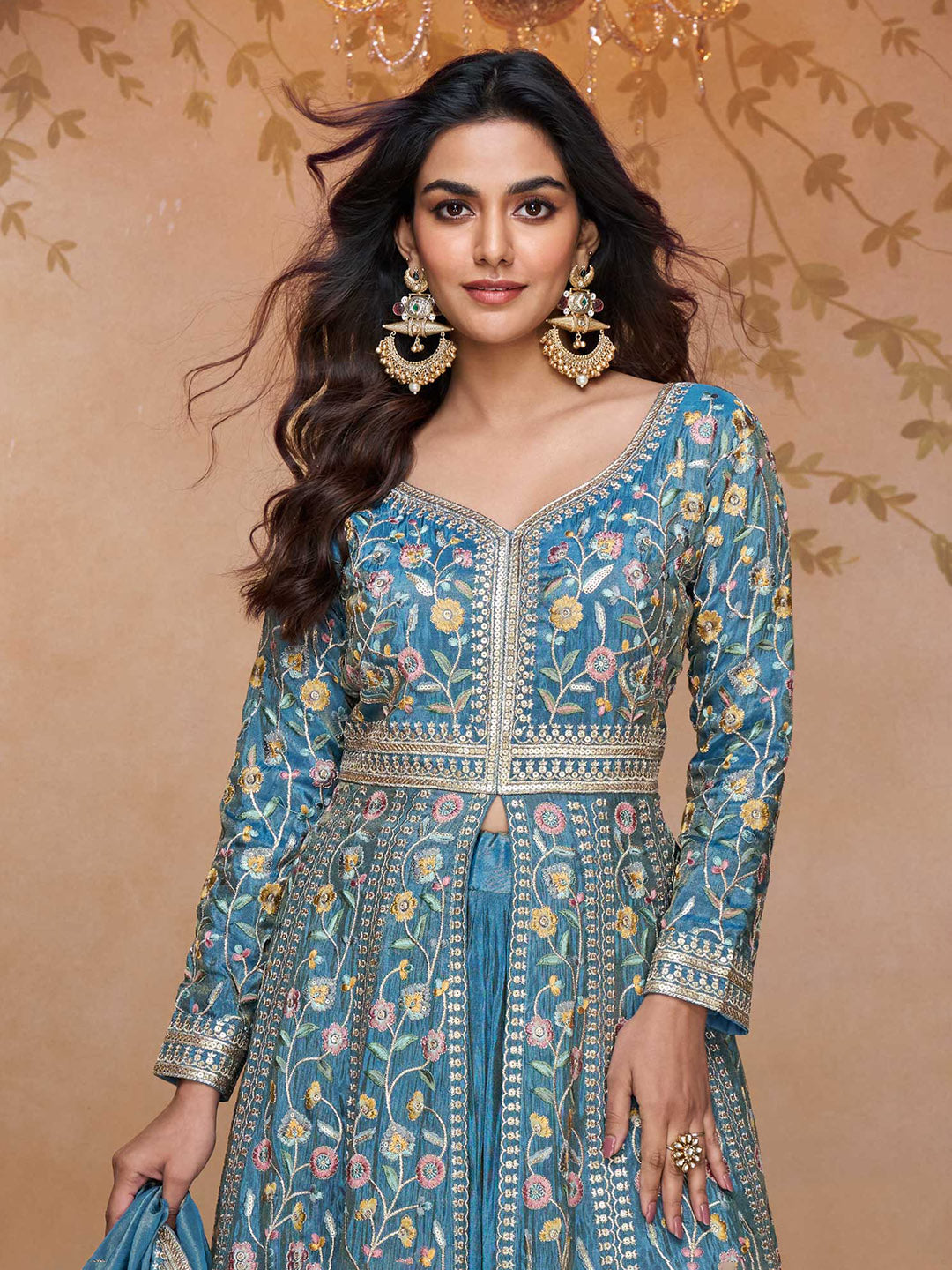 Embroidered Georgette Choli With Skirt &amp; Dupatta &amp; Jacket