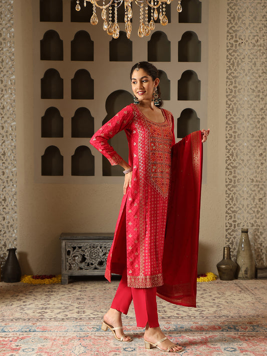 Banarasi Printed Embroidery Kurta With Pants & Dupatta