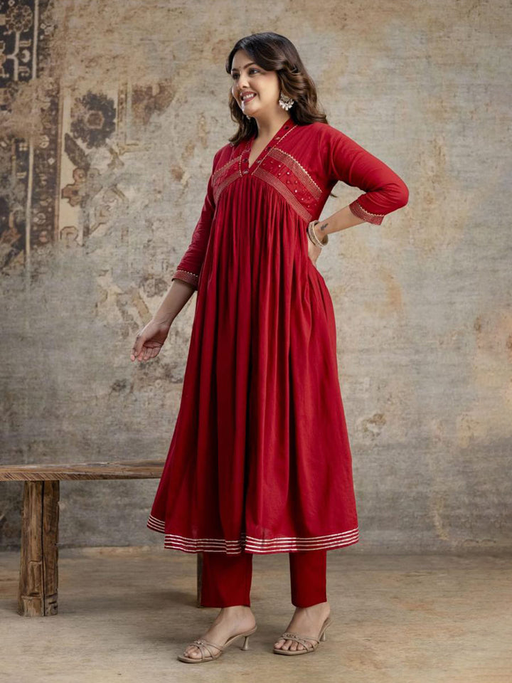 Maroon Cotton Blend Embroidered Straight Suit Set