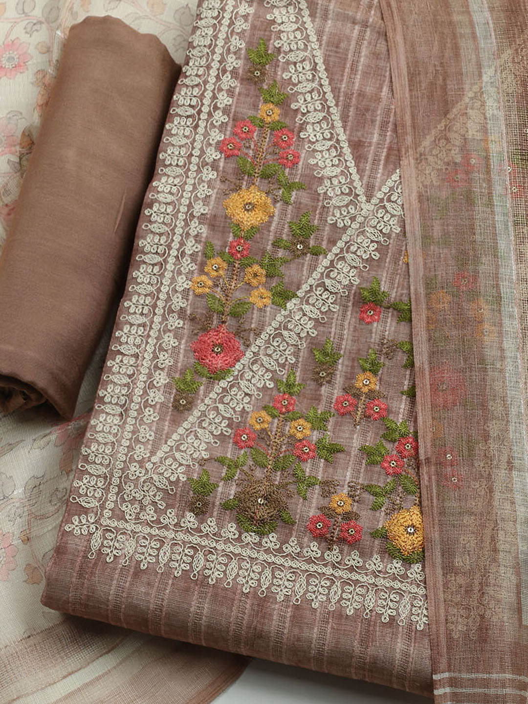Embroidered Linen Unstitched Kurta With Pant &amp; Dupatta