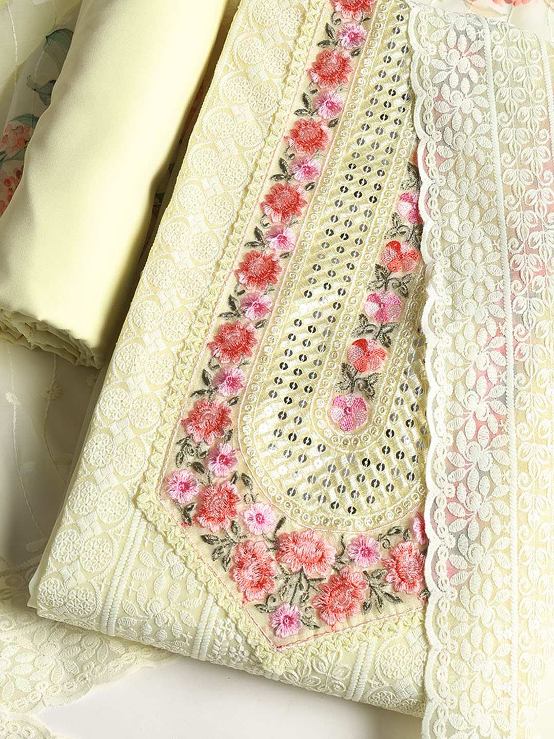 Chikan Work Georgette Unstitched Suit With Dupatta