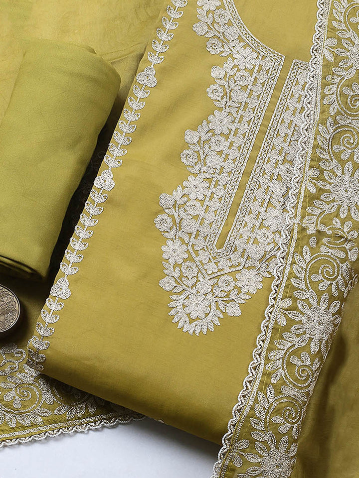 Embroidered Chanderi Unstitched Suit With Pant &amp; Dupatta
