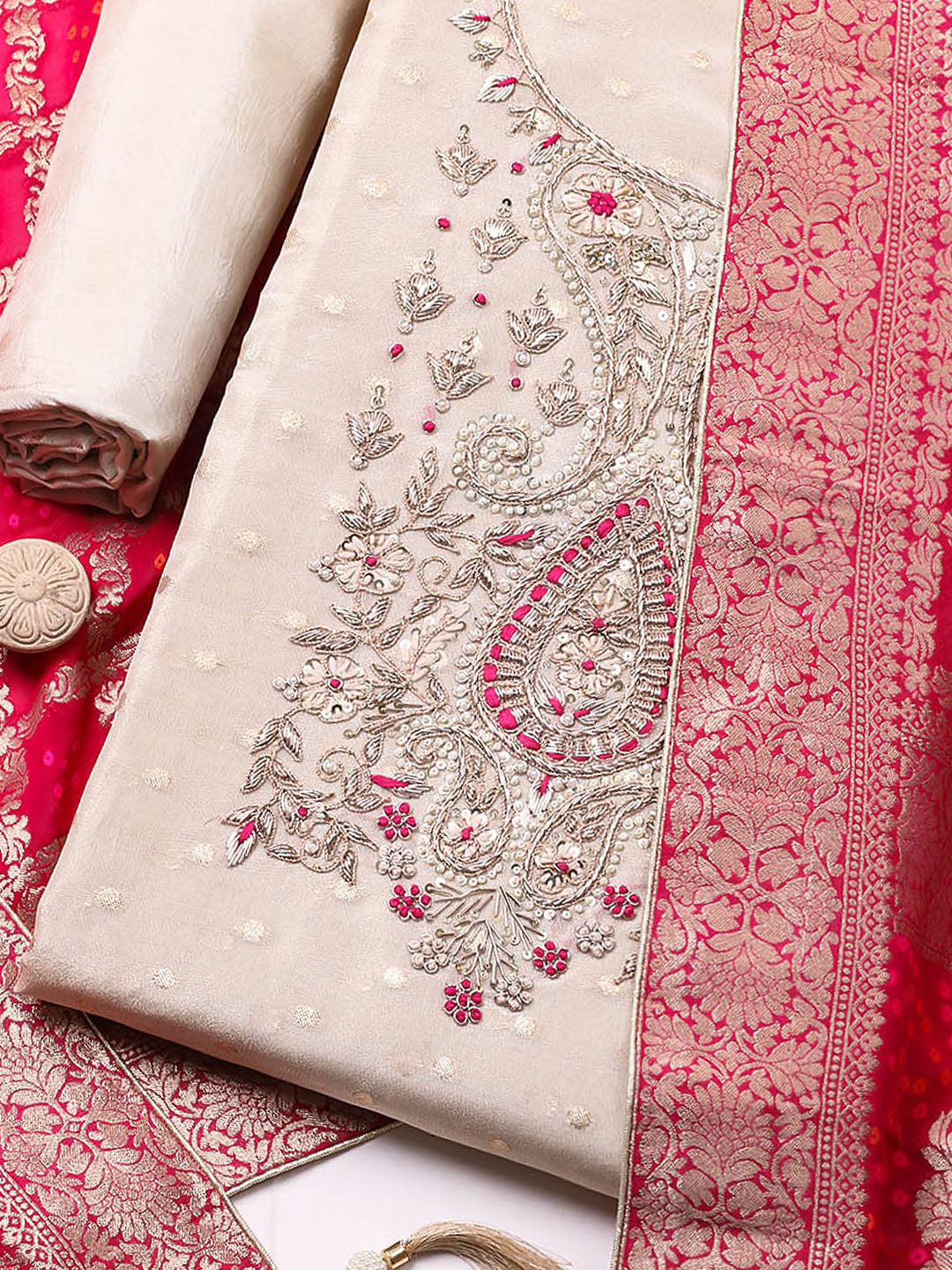 Embroidered Chanderi Unstitched Suit With Pant &amp; Dupatta