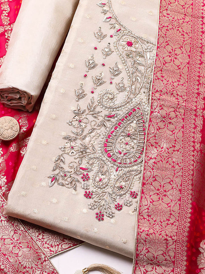Embroidered Chanderi Unstitched Suit With Pant &amp; Dupatta