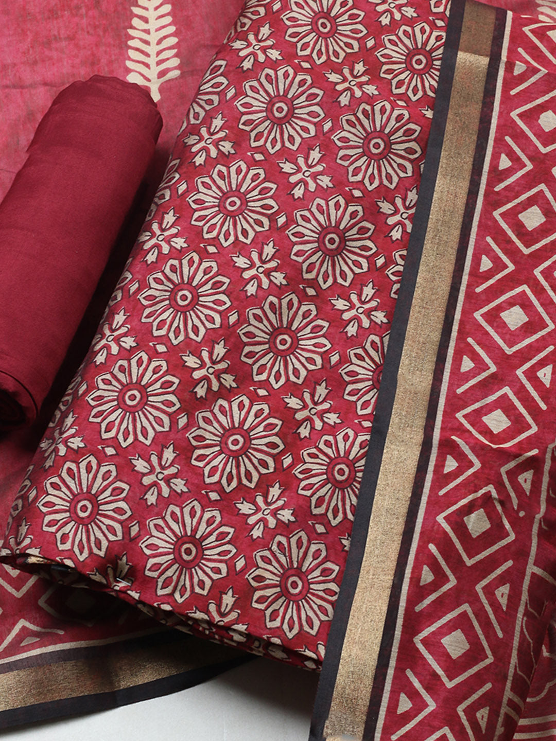 Printed Chanderi Unstitched Suit With Pant &amp; Dupatta