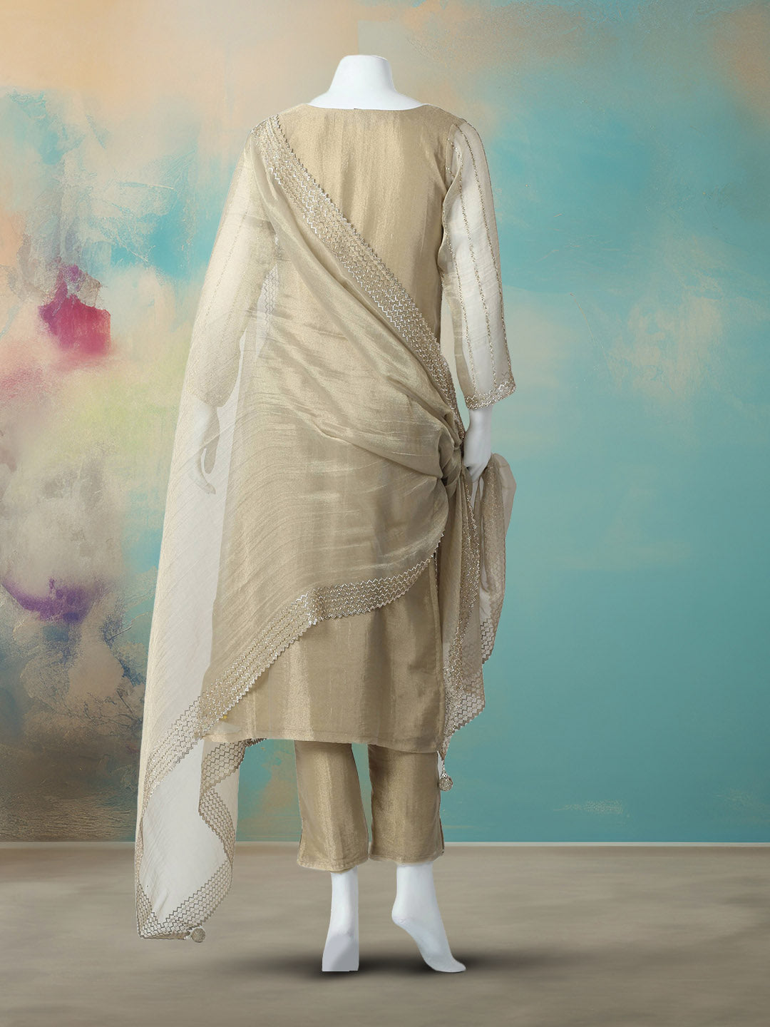 CutDana Embroidered Tissue Stitched Kurta With Pant &amp; Dupatta