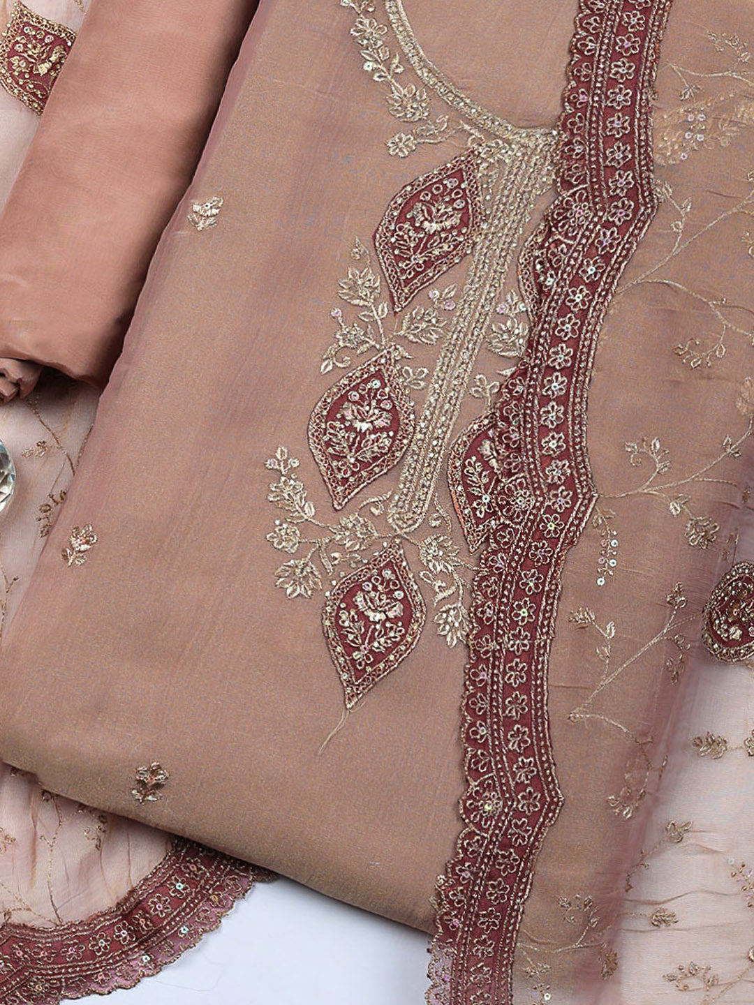 Embroidered Tissue Unstitched Suit With Pant &amp; Dupatta