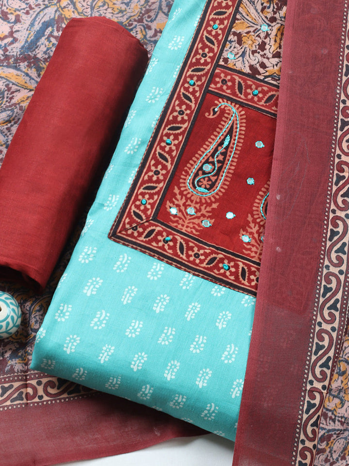 Printed Cotton Blend Unstitched Suit With Pant &amp; Dupatta
