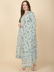 Floral Printed Cotton Kurta With Pants & Dupatta