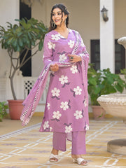 Printed Cotton Blend Kurta With Pants & Dupatta