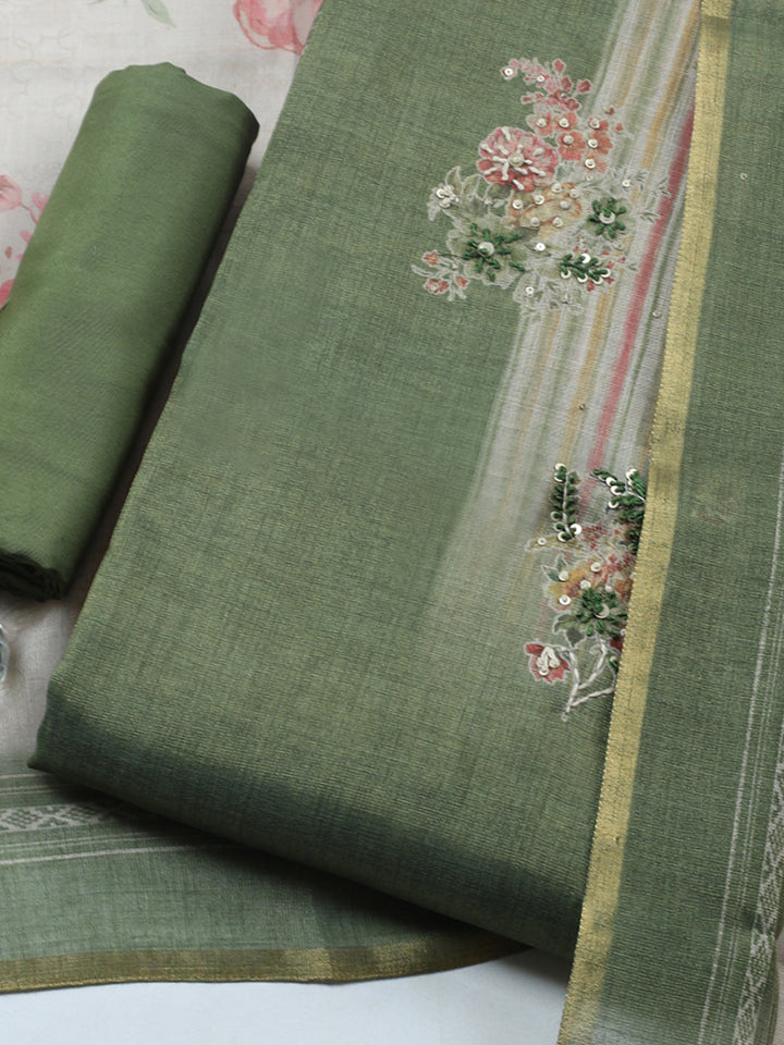 Printed Linen Blend Unstitched Suit With Pant &amp; Dupatta