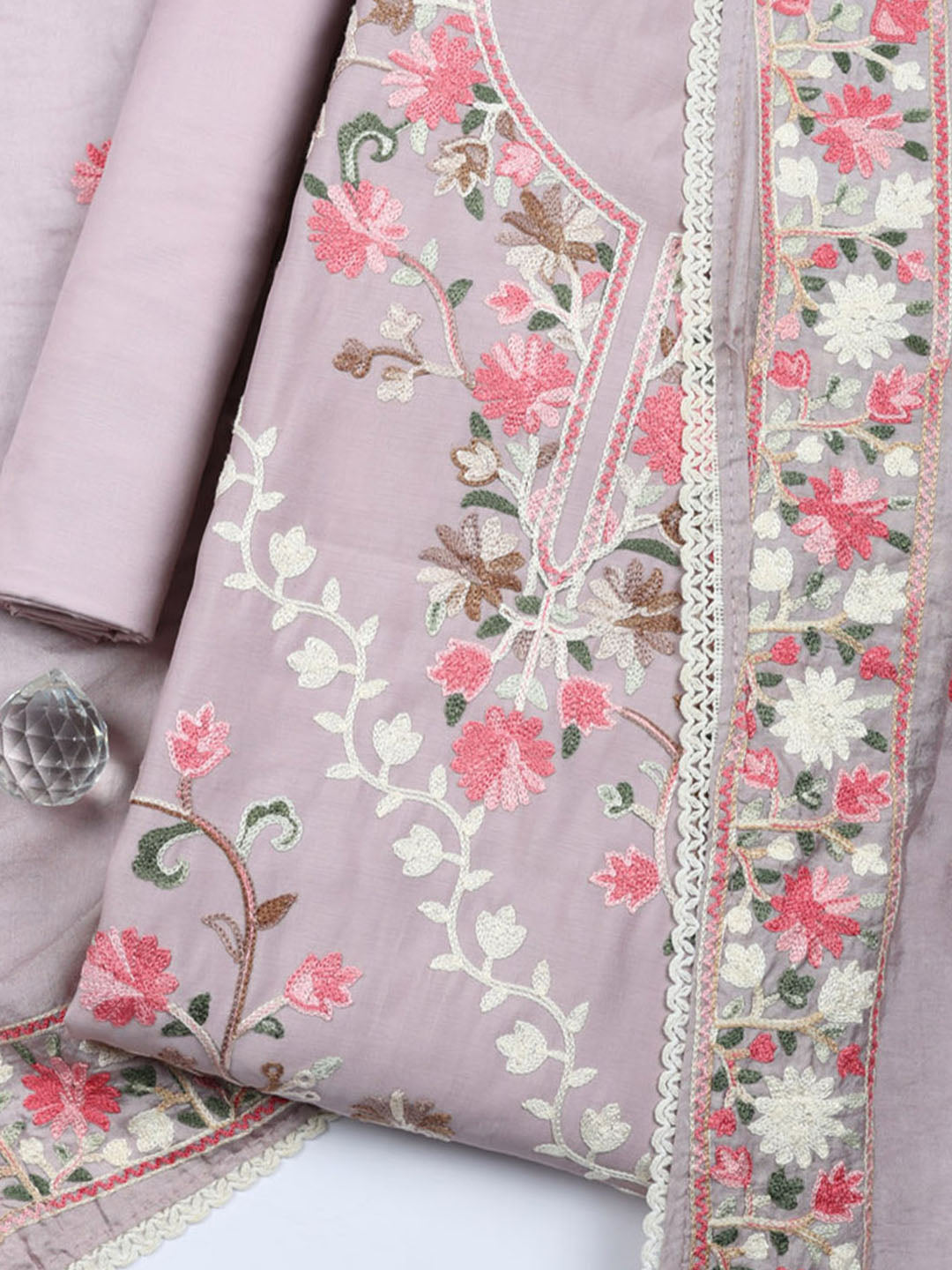 Embroidered Chanderi Unstitched Suit With Pant &amp; Dupatta