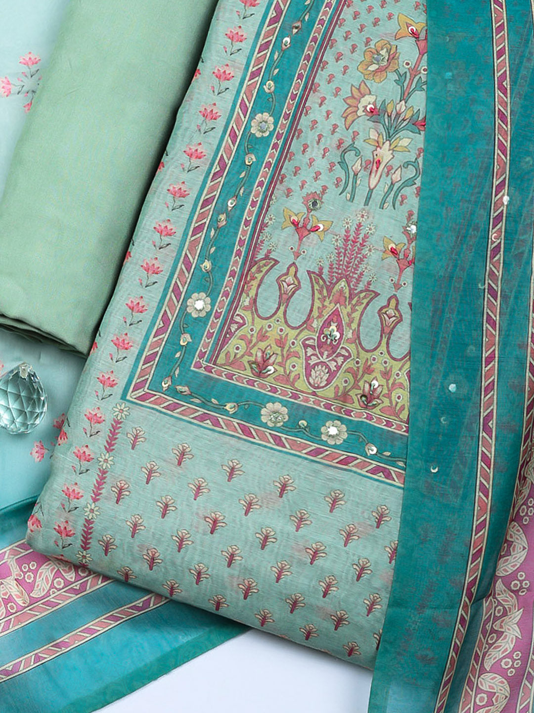 Embellished Chanderi Unstitched Suit With Pant &amp; Dupatta