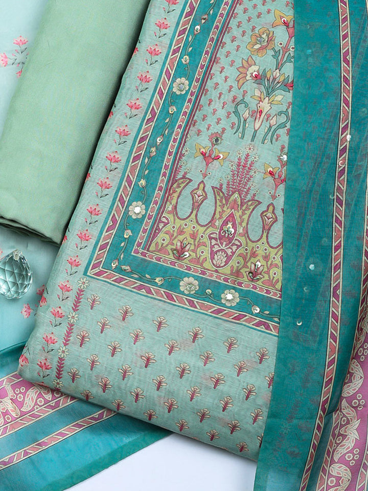 Embellished Chanderi Unstitched Suit With Pant &amp; Dupatta