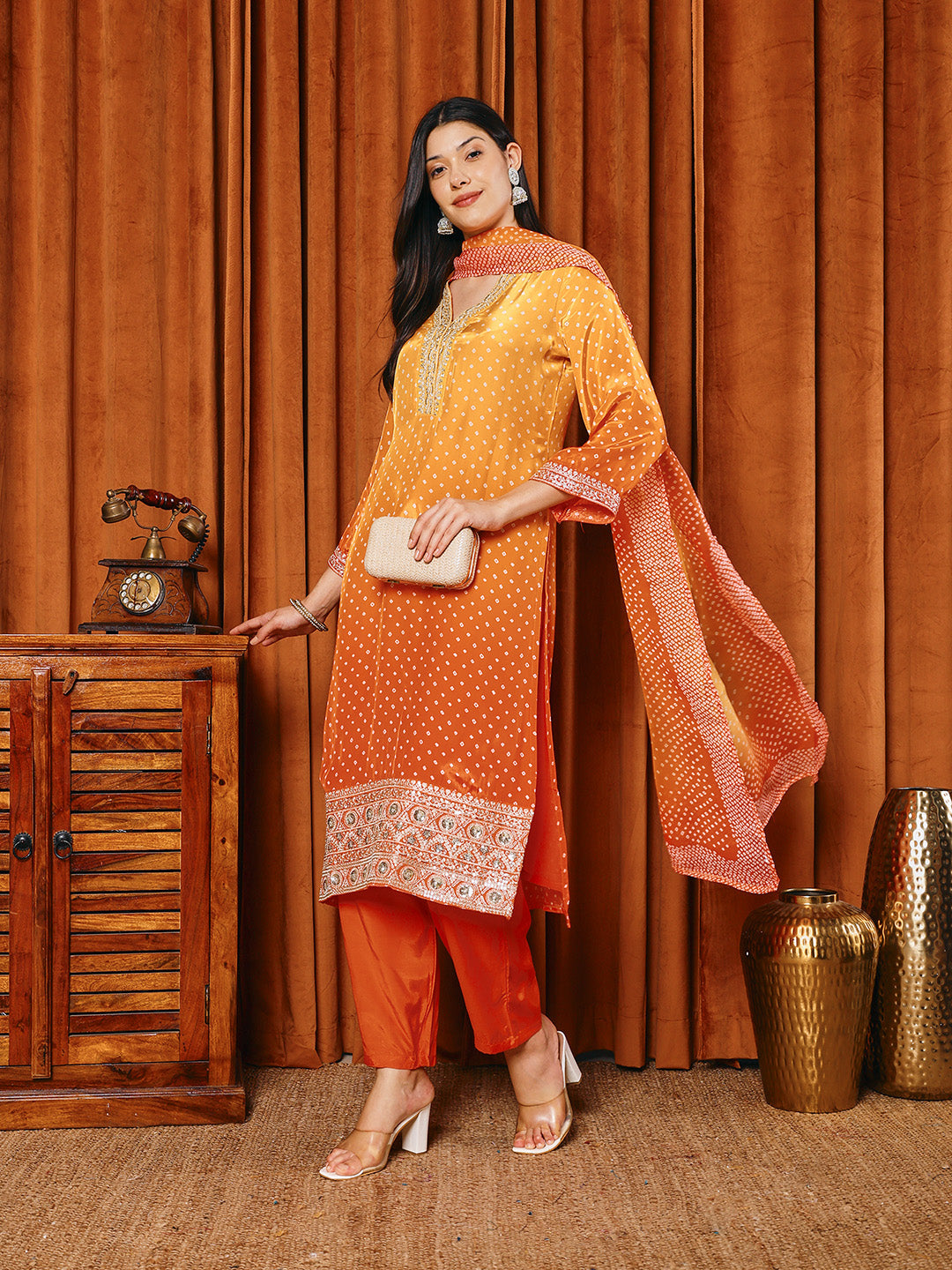 Bandhani Printed Crepe Kurta With Pants &amp; Dupatta