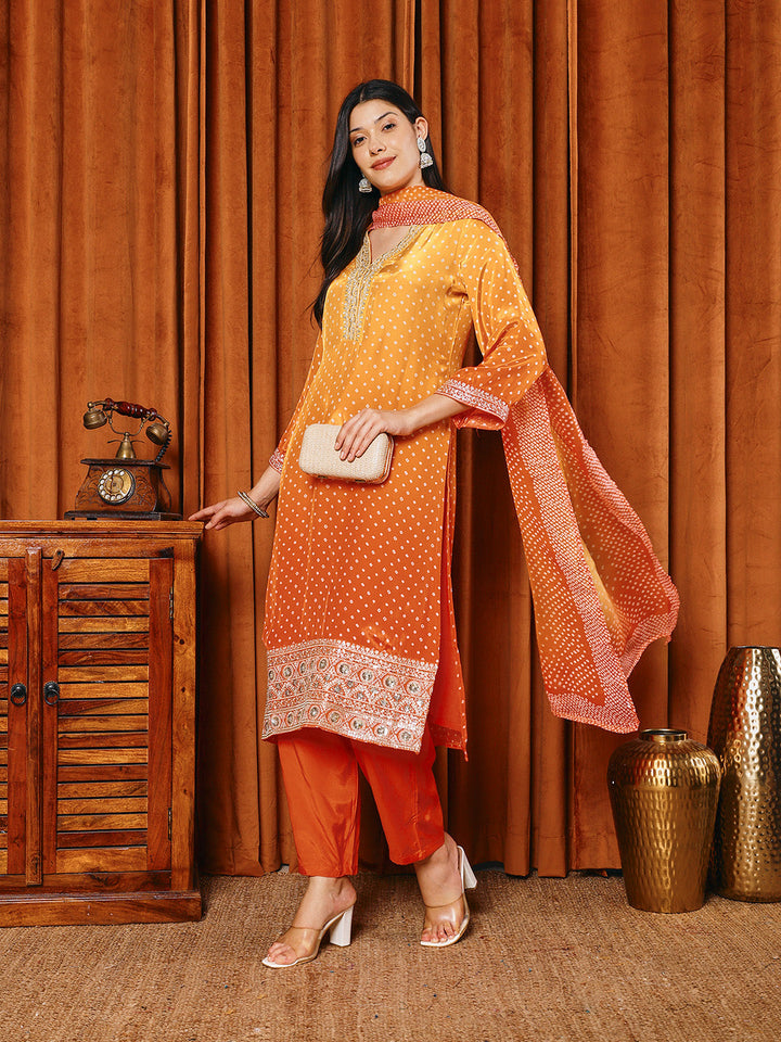 Bandhani Printed Crepe Kurta With Pants &amp; Dupatta