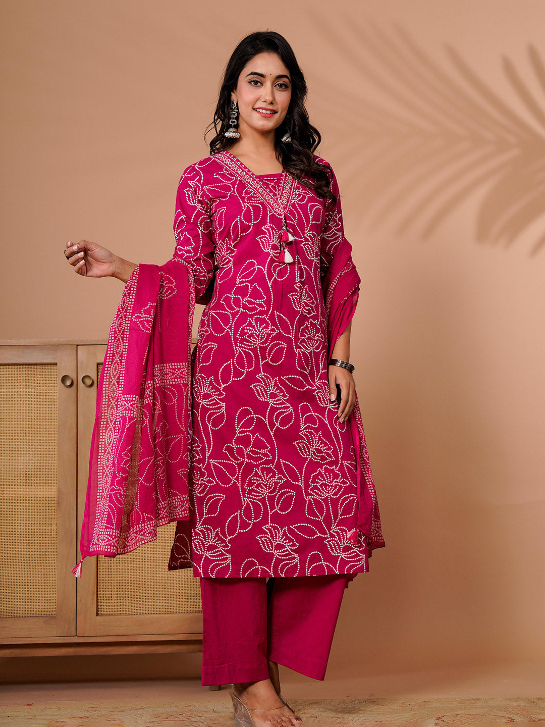 Pink Cotton Blend Printed Straight Suit Set