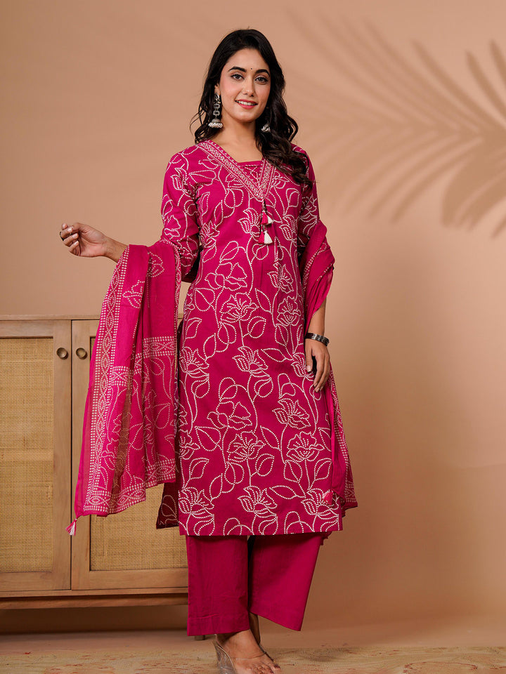 Pink Cotton Blend Printed Straight Suit Set