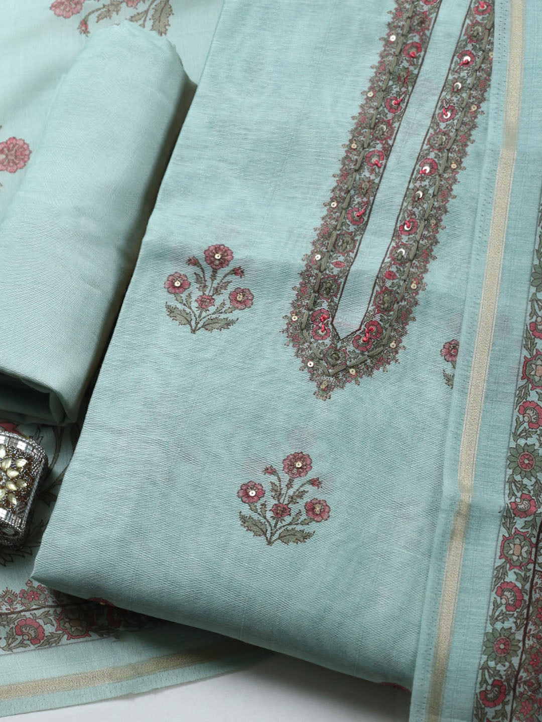Embroidered Chanderi Unstitched Suit With Pant &amp; Dupatta