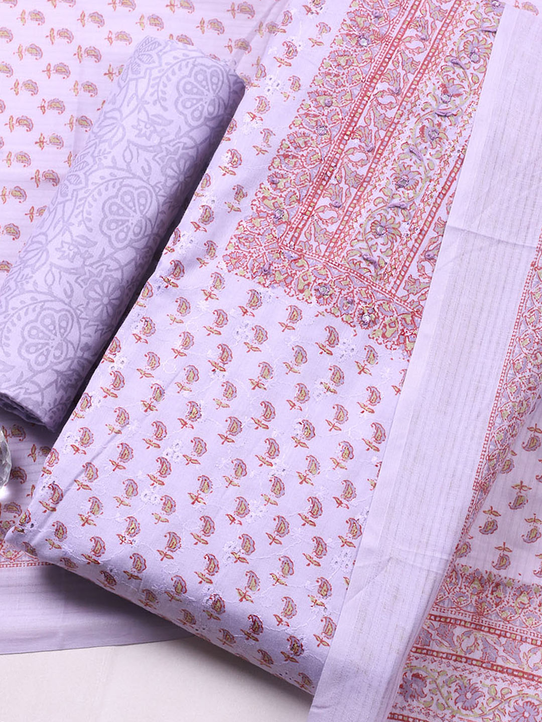 Printed Cotton Blend Unstitched Suit With Pant &amp; Dupatta