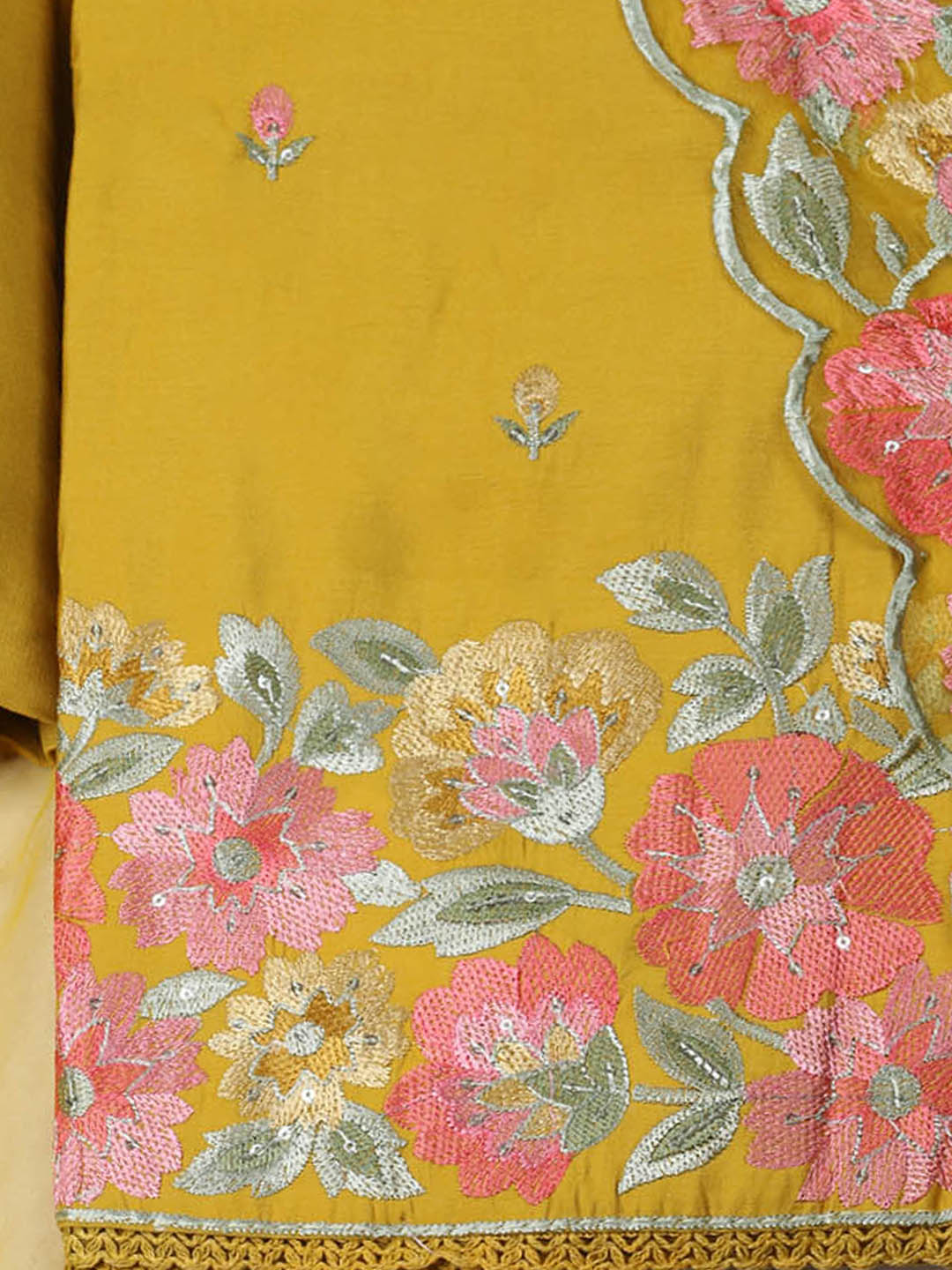 Embroidered Chanderi Unstitched Suit With Pant &amp; Dupatta