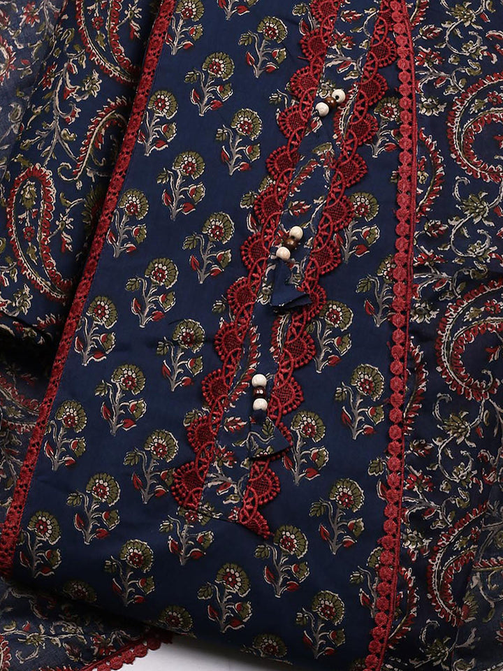 Embroidered Cotton Blend Unstitched Suit With Pant &amp; Dupatta