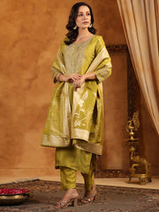 Neck Zari Embroidery Tissue Kurta With Pants & Dupatta