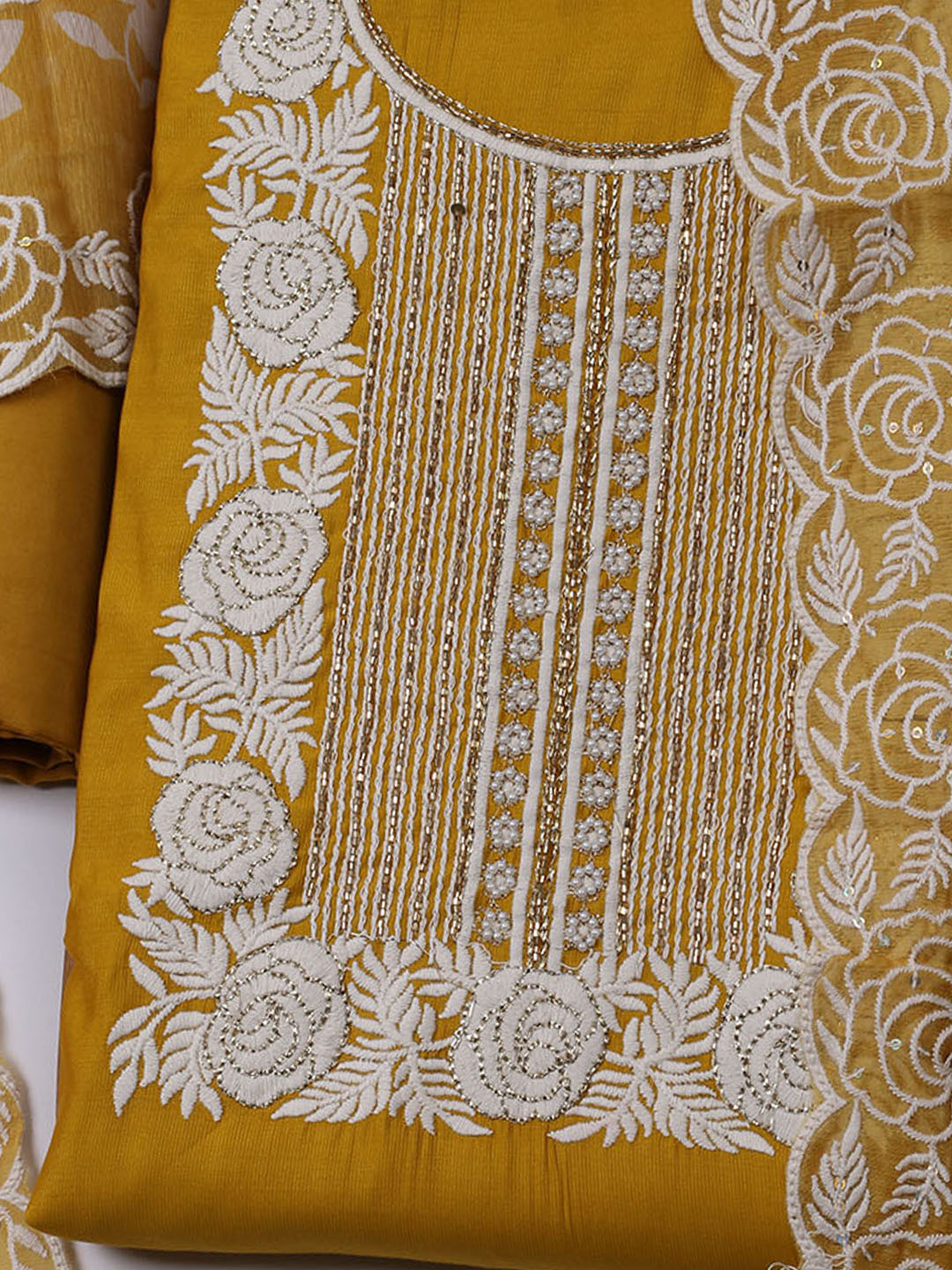 Neck Embroidered Chanderi Unstitched Suit With Dupatta