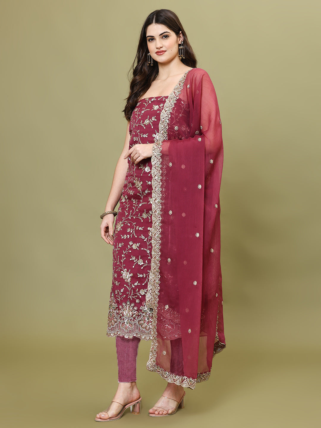 Sequins Work Chinon Unstitched Suit Piece With Dupatta