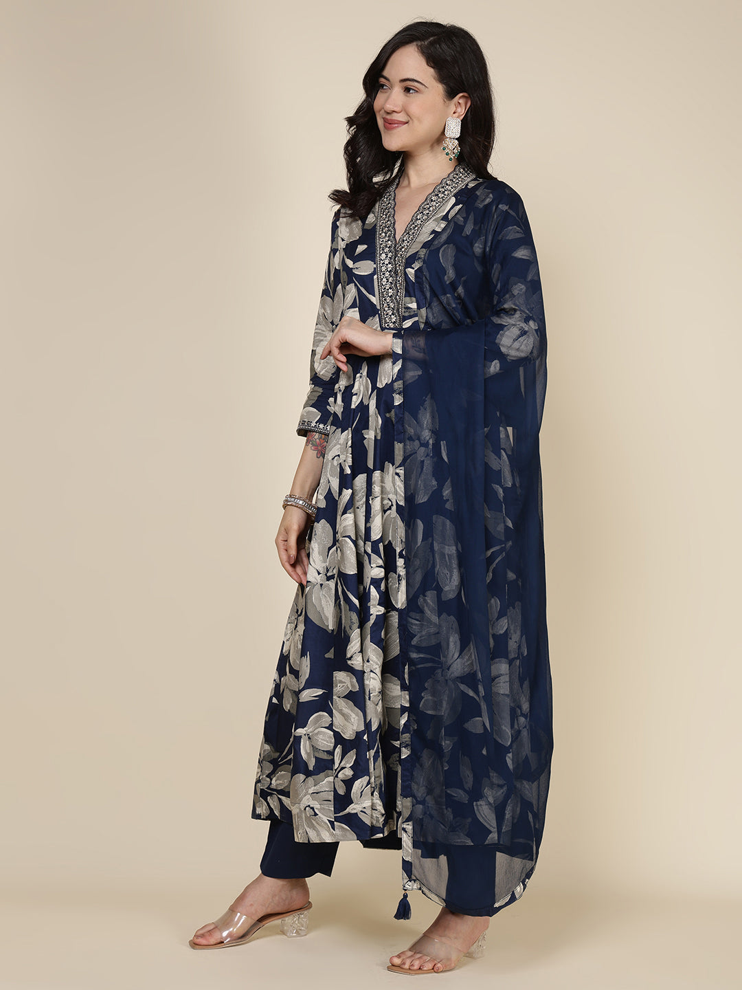 Printed Cotton Blend Kurta With Pants &amp; Dupatta