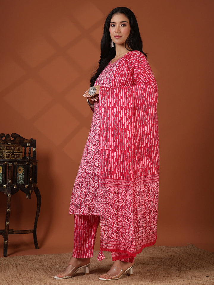 Printed Cotton Blend Suit With Pant &amp; Dupatta