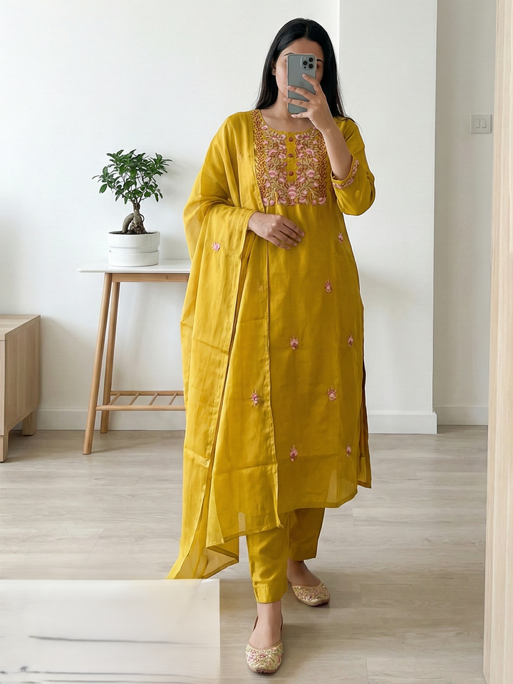 Mustard Art Silk Printed Straight Suit Set
