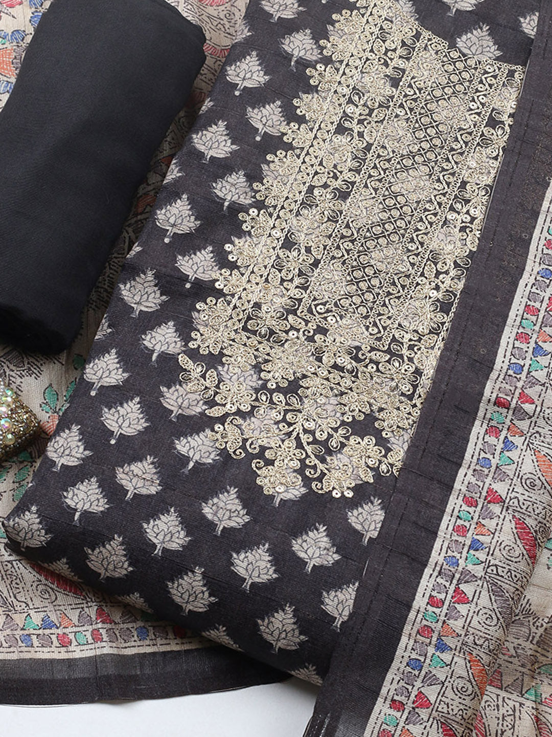 Embroidered Cotton Blend Unstitched Suit With Pant &amp; Dupatta